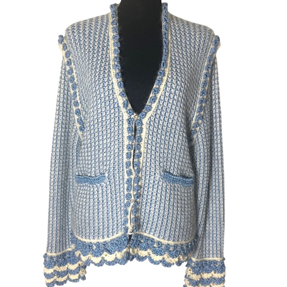One Girl Who blue tweed cardigan mohair blend scallop metallic knit grandmacore